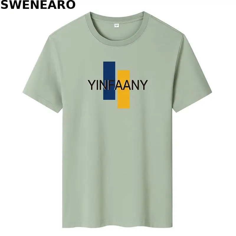 

SWENEARO 2021 new summer T-shirt men's 100% pure cotton orange blue strip printing T-shirt men's casual O-neck short-sleeved