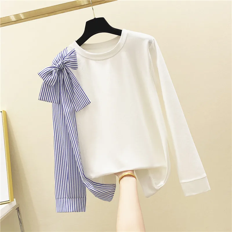 

Women's O Neck Beautiful Stripe Bow Long Sleeves Patchwork T-Shirt Tee 2020 Female Pullover Casual Tops Tees A2749