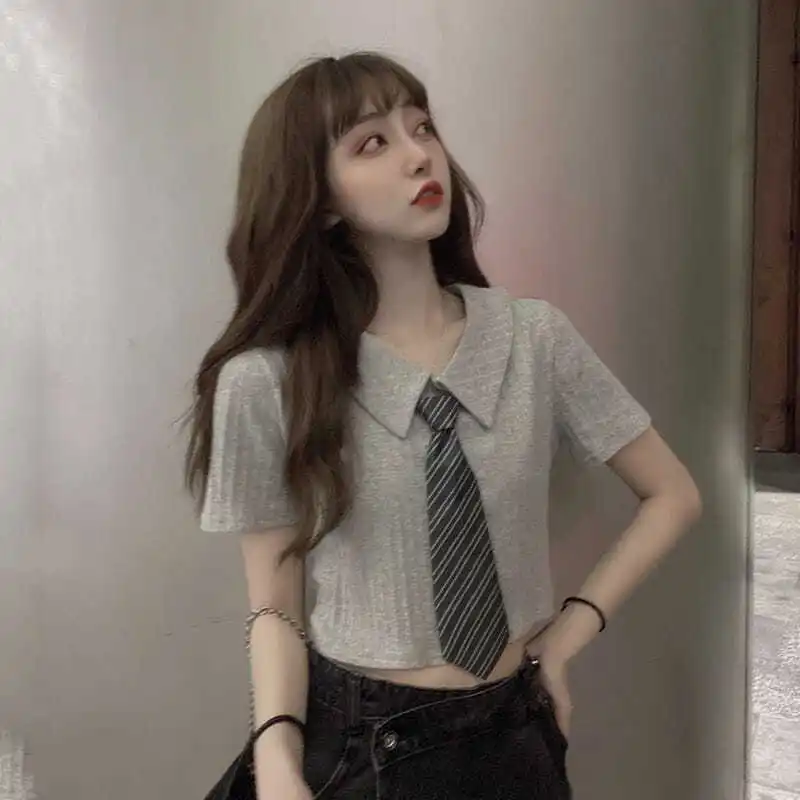 

2021 New All -Matching Thin Knitted Short-Sleeved T-shirt for Women Polo Collar