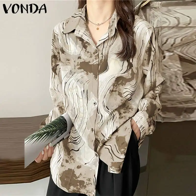 

Autumn Party Shirts 2022 VONDA Vintage Dyeing Print Blusas Femininas Women Casual Long Sleeved Lapel Button Up Office Tops