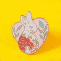 beautiful pink heart shaped flowers bunny hard enamel pin cartoon animals kawaii rabbit medal brooch lapel backpack pins jewelry