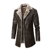 leather jacket business sheepskin coat warm mens winter middle long trench fashion men leather coats large size padded coats