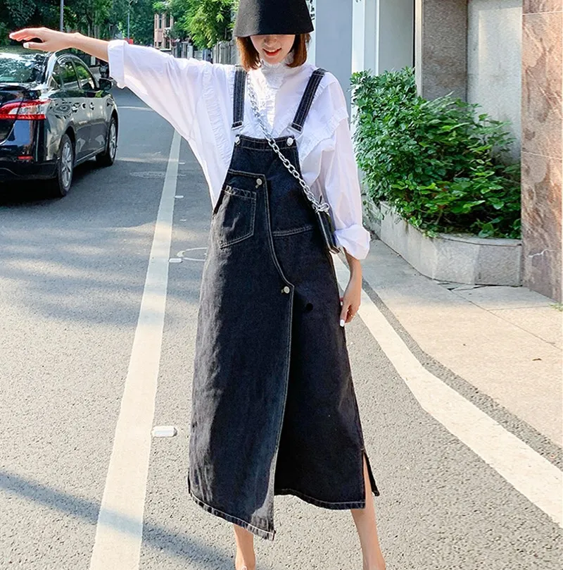 Женское джинсовое платье на бретельках длинное синее в Корейском стиле весну и