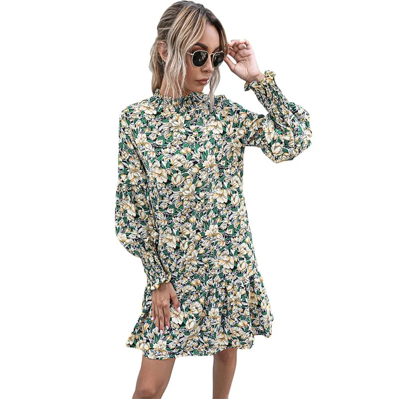 

Женское платье с цветочным принтом, повседневное свободное мини-платье с воротником-стойкой и рукавами-фонариками, весна-осень 2020