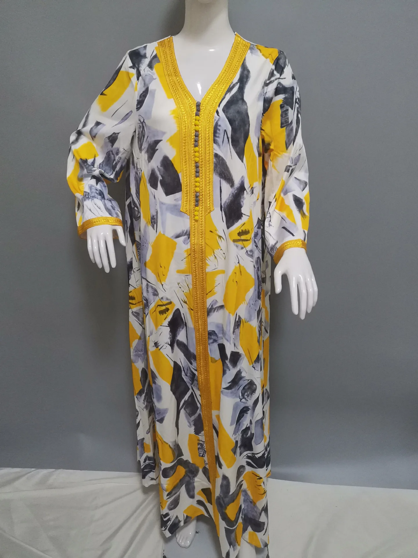 Women Dubai Djelleba Dress Loose Printed Braided Trim Arabic Saudi Oman Islamic Muslim Abaya Gown Morocco Kaftan Party Evening | Женская