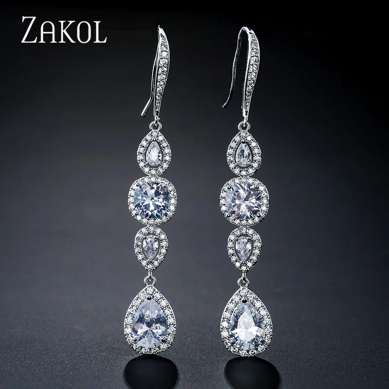 Rhodium plated ZAKOL Роскошные Висячие квадратные Длинные висячие серьги с кубическим цирконием для женщин модные свадебные ювелирные изделия в виде листьев FSEP2213 - Окраска металла: Rhodium plated