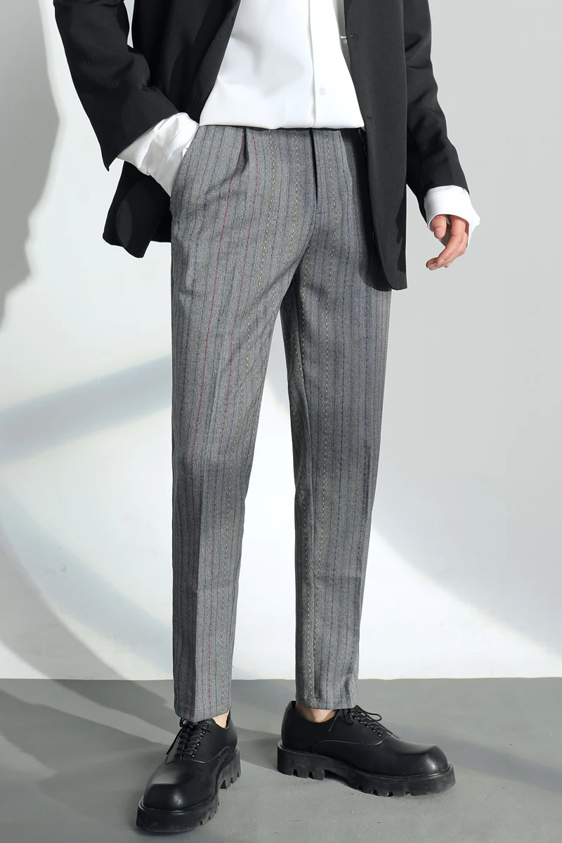 

New Men's 2021 Striped Pants British Casual Business Dress Trousers Korean Style Slim Suit Office Social Trousers Pantalon Homme