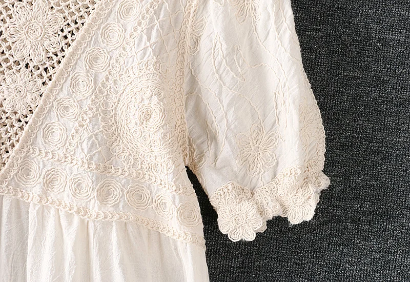 

New Summer Women Cotton and linen Dress Japan Style Fresh Hollow out embroidery Solid Color Short Sleeve Loose Midi Dress