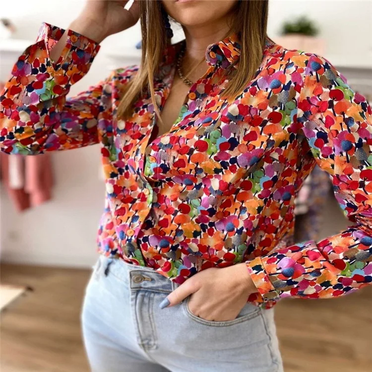 Printemps/été 2021 Nouvelle Mode Chemise femme Imprimé Lumière Mûre Manche Longue Revers Simple Boutonnage Lâche Blouses Décontractées
