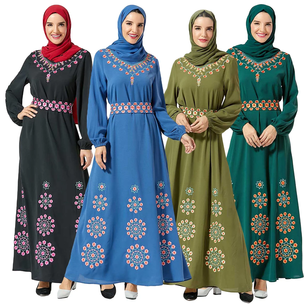 Мусульманское женское платье Дубай абайя с цветочной вышивкой длинным рукавом