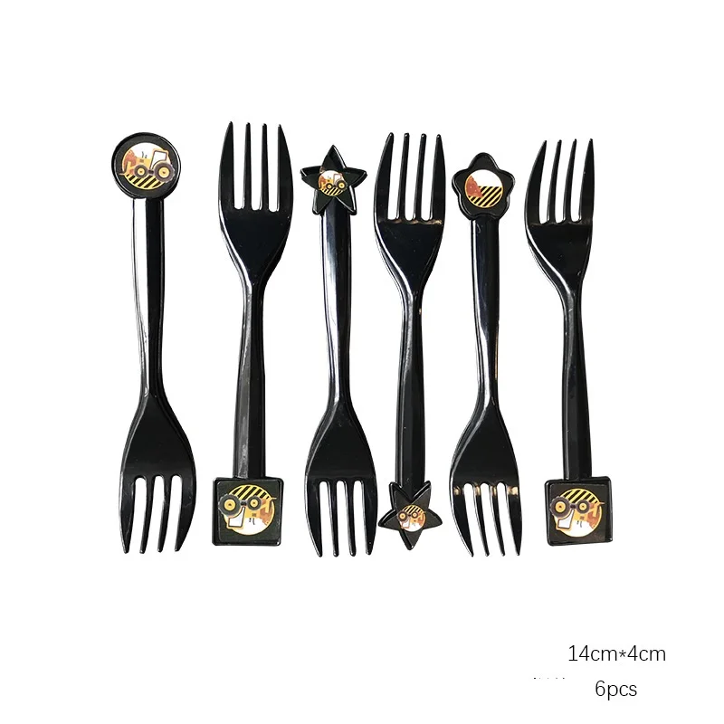 6pcs forks 6 шт, Мультяшные строительные транспортные средства, экскаватор, вечерние украшения, бумажный стаканчик, тарелка, баннеры, Детские воздушные шары для вечеринки в честь Дня Рождения - Цвет: 6pcs forks