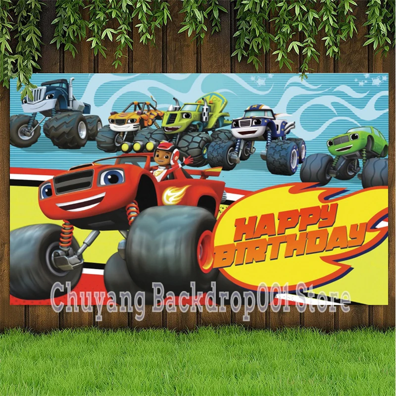 Cartoon Big Wheels Truck Cars Boys Birthday Party Backdrops Blaze Monsters Machine Theme Photography Backgrounds Vinyl Custom