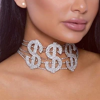luxury crystal custom rich letter choker necklace for women big money dollar rhinestone collar necklace chain jewelry gift