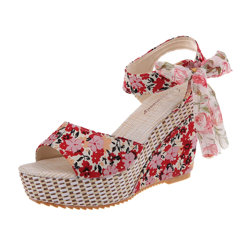 

Summer women sandals slippers Flower Peep Toe Wedges Lace Up Thick Bottom Flatform Shoes Sandals Zapatos Mujer Tacon Sexy