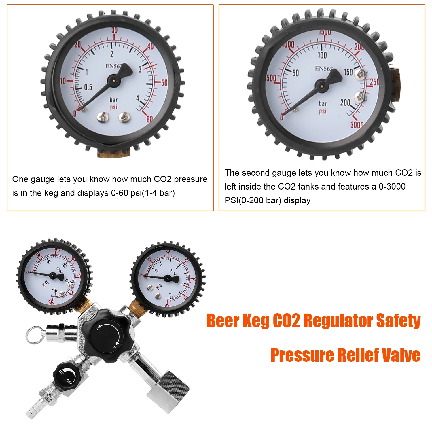 

Portable Double Gauge Beer CO2 Pressure Relief Valve Safety Keg Buck Regulator 0-3000 PSI Tanks Pressure Gauge