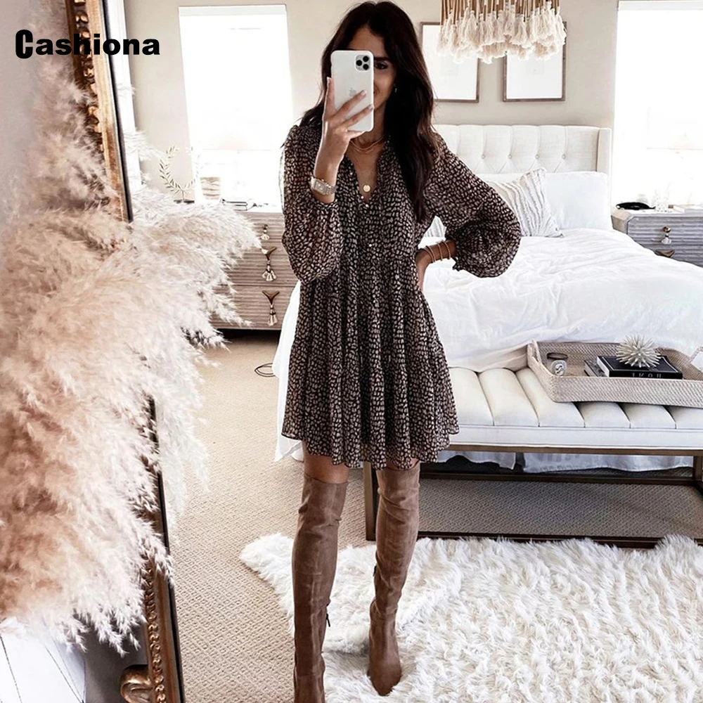 

Women Short Mini Dress Sexy V-neck Leopard Print Party Dresses Long Sleeve Vintage 2021 New Summer Casual A-Line Dress Femme
