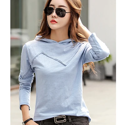 Light blue t shirt Shintimes футболка с капюшоном Женская Геометрическая футболка с длинным рукавом Женская одежда Женская Корея осень хлопок Повседневная футболка Femme - Цвет: Light blue t shirt