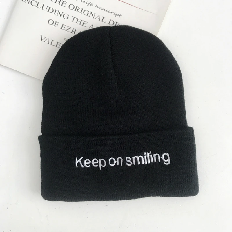 

New Black Simple Style All-match Autumn Winter Knit Hat Female Letter/ Embroidery Korean Version Student Couple Warm Knit Caps