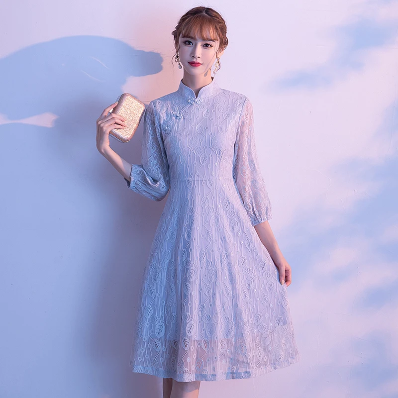 

Large size 2019 Autumn and winter new fashion temperament retro slim long section young cheongsam dress8576
