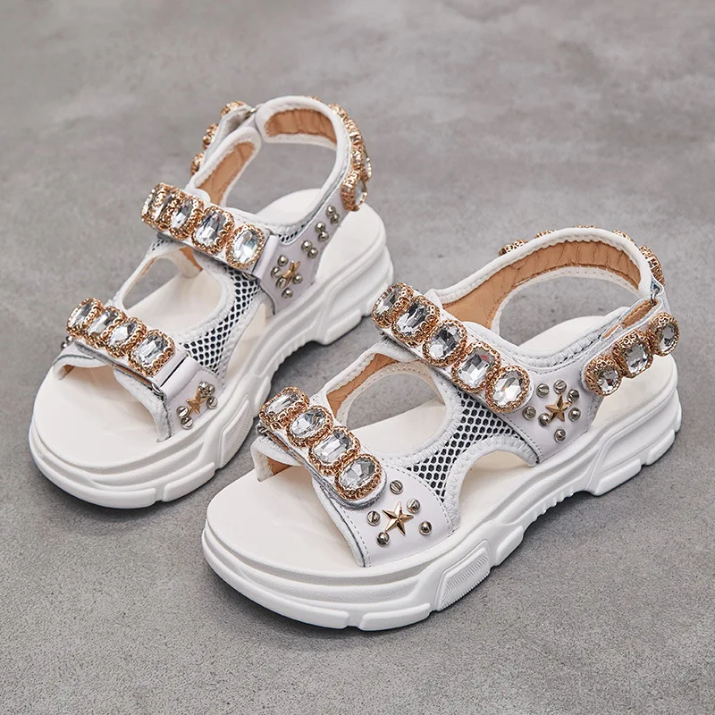 

cake thick bottom toe shoes rhinestone 2021 summer women's magic sticker flat sandals