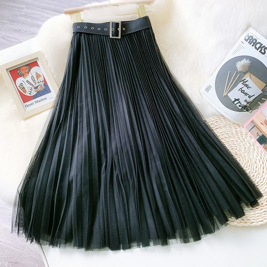 

Newest Women Pleated Long Skirt Thin High-waisted Pleated Mesh A-line Temperament Korean Style Large Swing Skirt with Belt