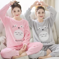 thick warm flannel pajamas sets for women winter long sleeve coral velvet pyjama girls cute cartoon totoro homewear pijama mujer