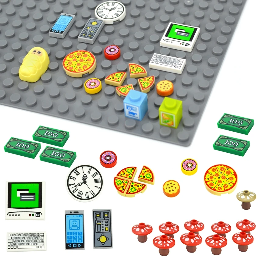 

Compatible City Accessories Printed Tile Building Blocks Computer TV Phone Clock Pizza Money Coins Dollars Mushroom Parts