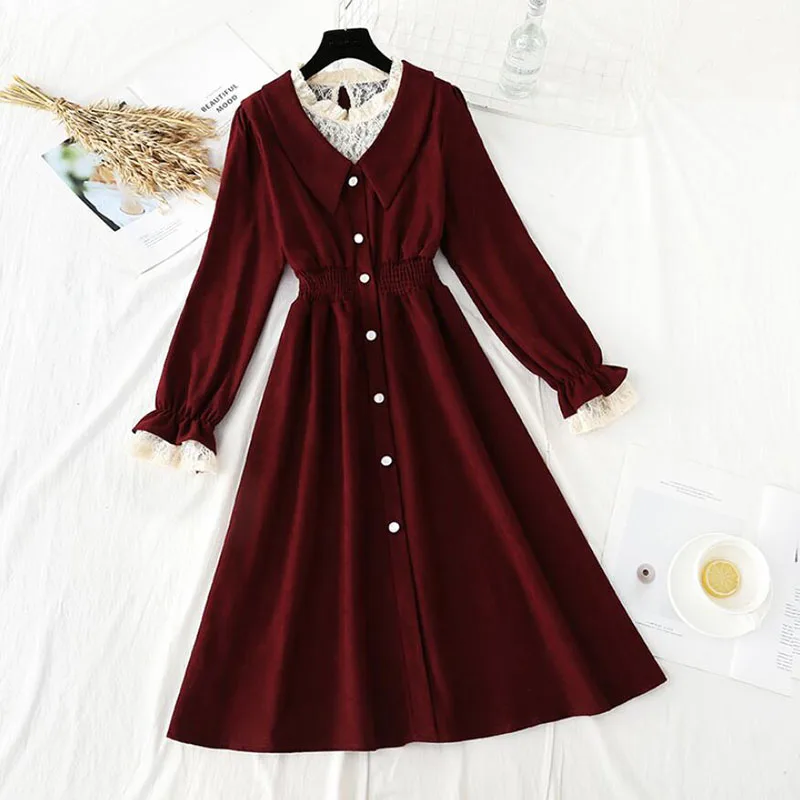 

Женское вельветовое платье с высокой талией, винтажное длинное платье-трапеция средней длины с кружевом и прострочкой, элегантное весеннее платье 2021