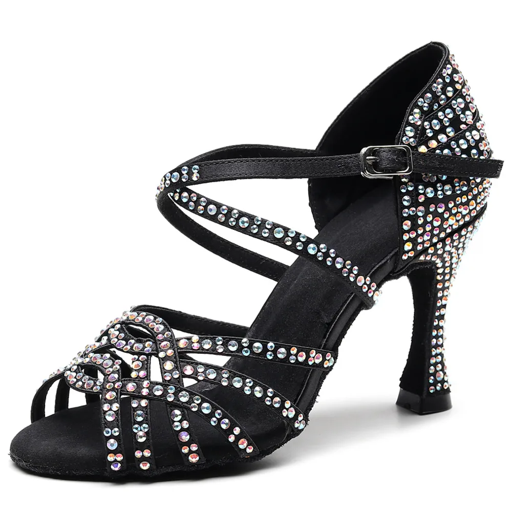 Salsa Jazz Women Latin Dancing Shoes Satin Social Professional Line Women Heels Ballroom Outdoor Dance Black