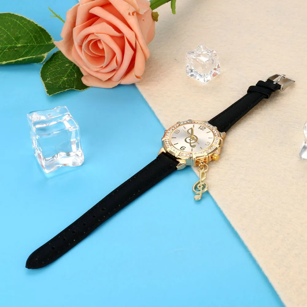 

2021 Elegant Temperament Ladies Watch New Women Quartz Wrist Musical Note Tower Rhinestone Pendant Wrist Watch relogio Watches