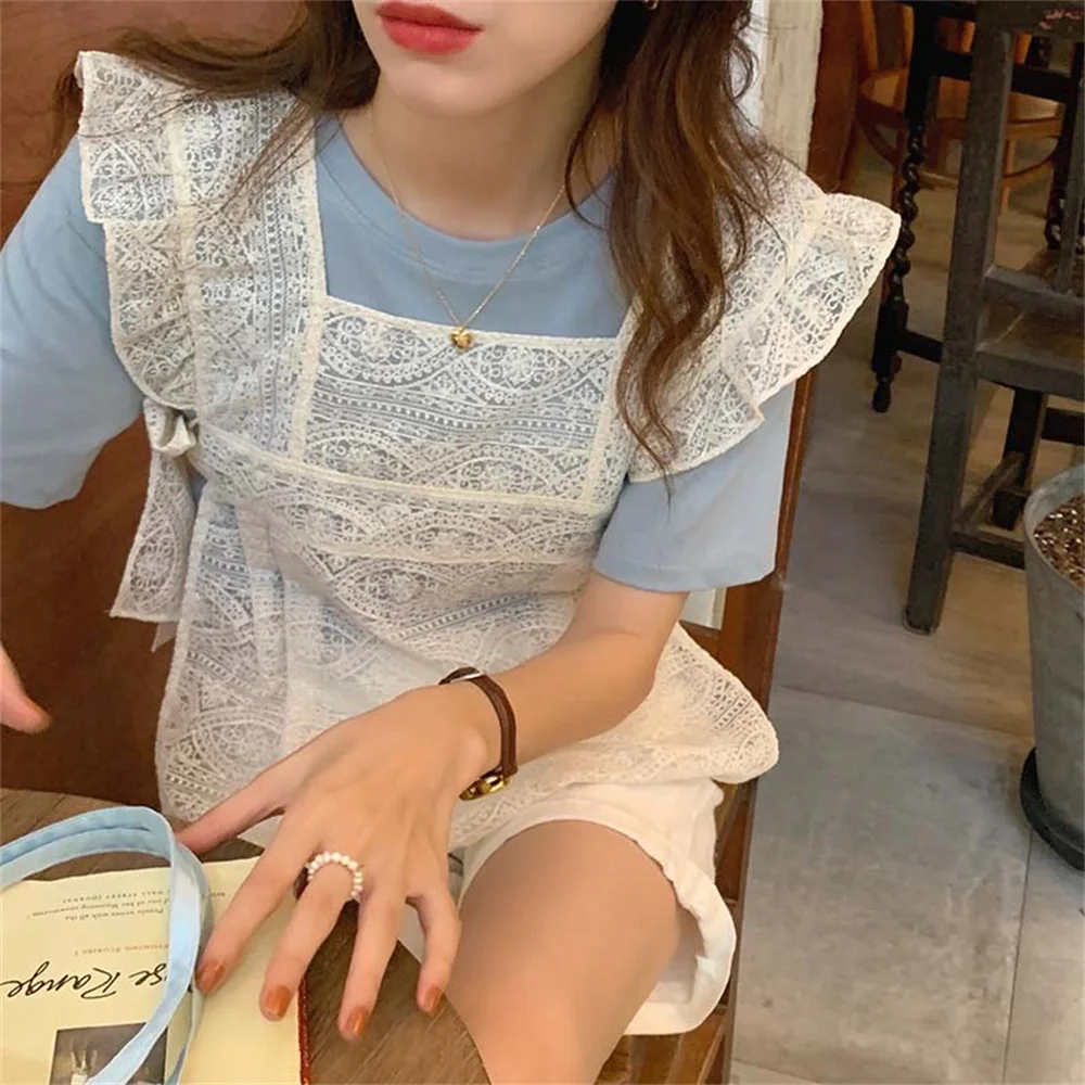 

Casual Chic Femme Hot Tee With Sweet Lace Vest 2021 New Loose Summer Vintage All Match Fashion Women Tops T-shirts