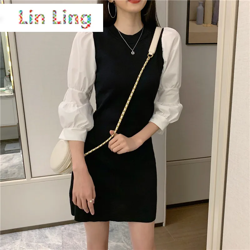 

LinLing 2021 Spring Summer Mini Party Dress Women Puff Sleeve Knit Dresses Korean Elegant Vintage Pencil Robe Vestidos De Festa