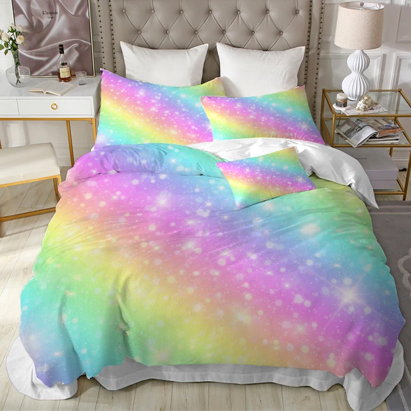 

Cartoon Rainbow Girl Duvet Cover Set Princess Style Pink Bedding Set Kids Girl Nordic Style Cute Bed Set Twin Queen King