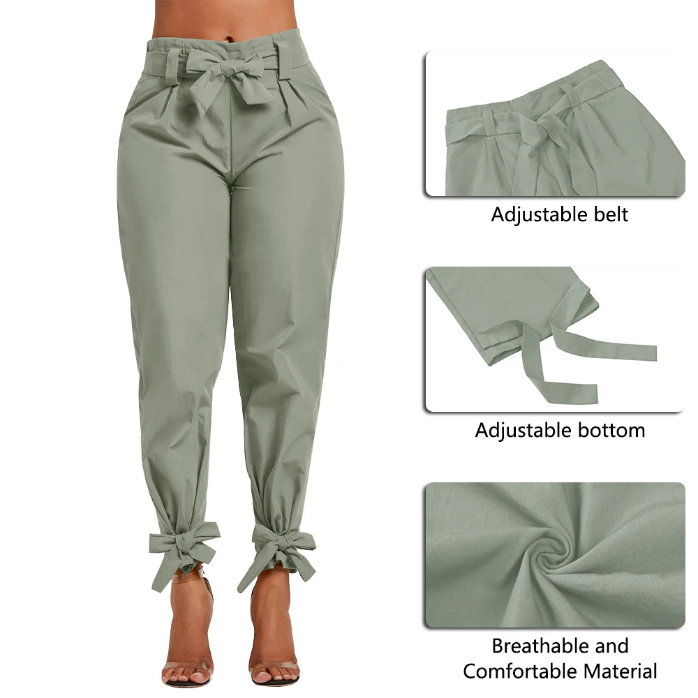 

2021 Spring Women Solid Loose Pants Casual High Waist Belt Pocket Bow Tie Ruffles Trousers Women BottomSashes Pants