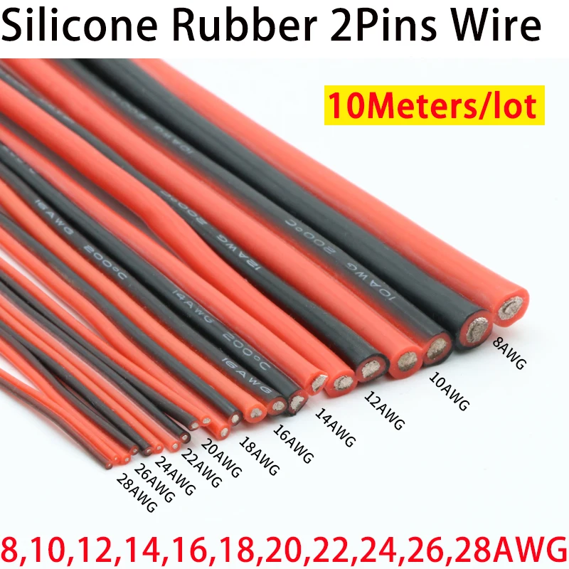 

10M Black Red 8 10 12 14 16 18 20 22 24 26 28 AWG 2Pins Soft Silicone Rubber Copper Electric Wire Lamp Light Connector Cable