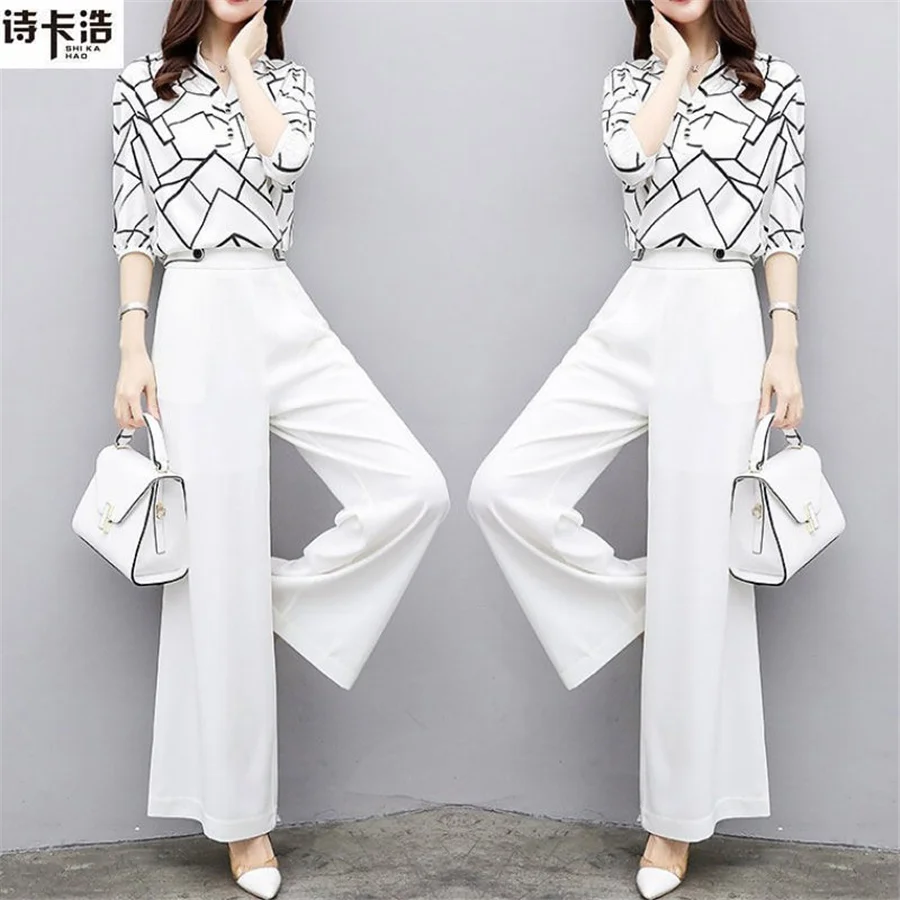 

Women's Casual Suit 2021 Summer New Blouses office lady Top Wide Leg Pant Fashion 2 Piece Set S-4XL