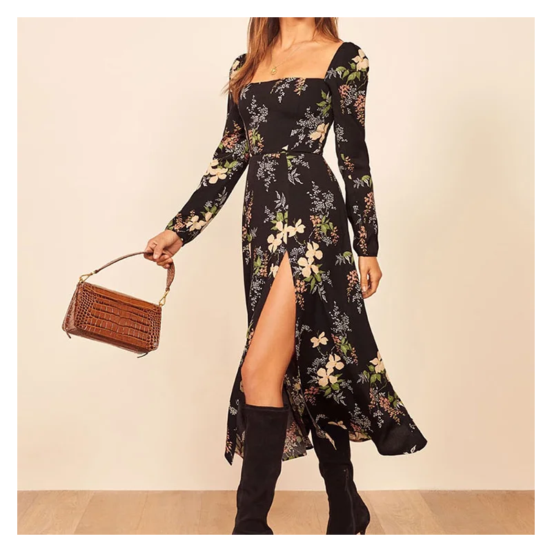 

Summer New Polka Dot Floral Printing Neck Long Sleeve Split Ends Womens Dress Party Club Elegant Long Shirt Autumn