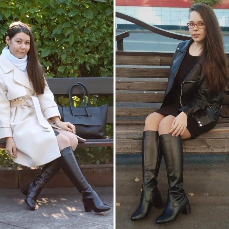 ANNYMOLI/Сапоги до колена зимняя женская обувь высокие сапоги на высоком каблуке на молнии женские сапоги на толстом каблуке новые черные Большие размеры 33-43