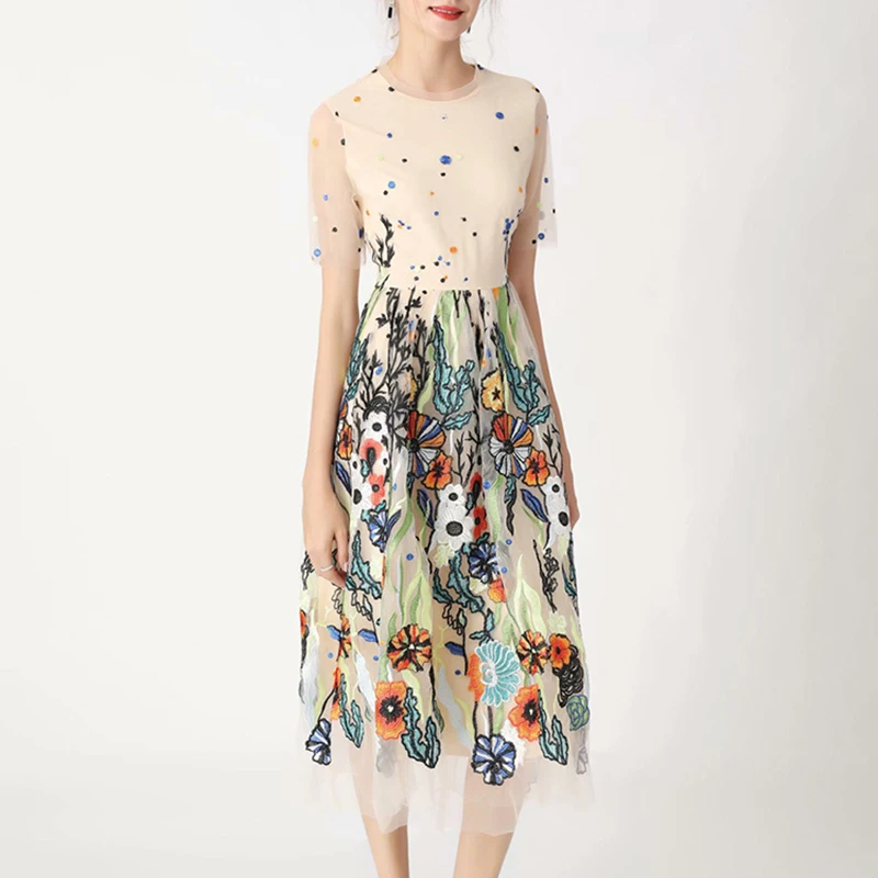 

Designer Fashion Summer Dress Women Mesh Embroidery Floral High Quality Patchwork Dresses