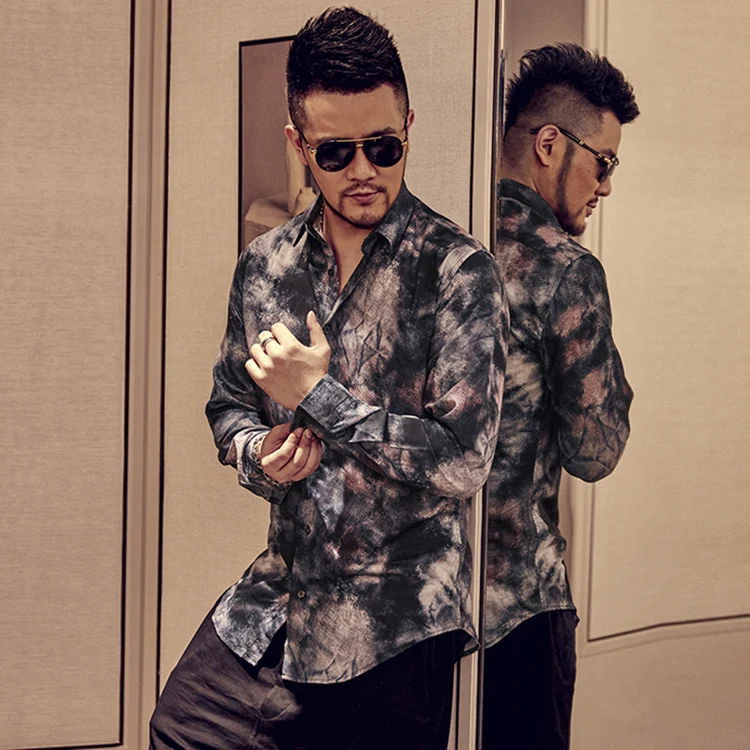 2021 Бесплатная доставка Новая драпированная тонкая мужская рубашка с цветочным