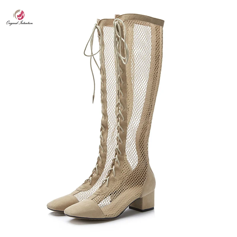 Harga Asli Niat Wanita Bergaya Air Mesh Sepatu Bot Setinggi Lutut Square Toe Square Heels Boots Populer Aprikot Sepatu Ringkas Seksi