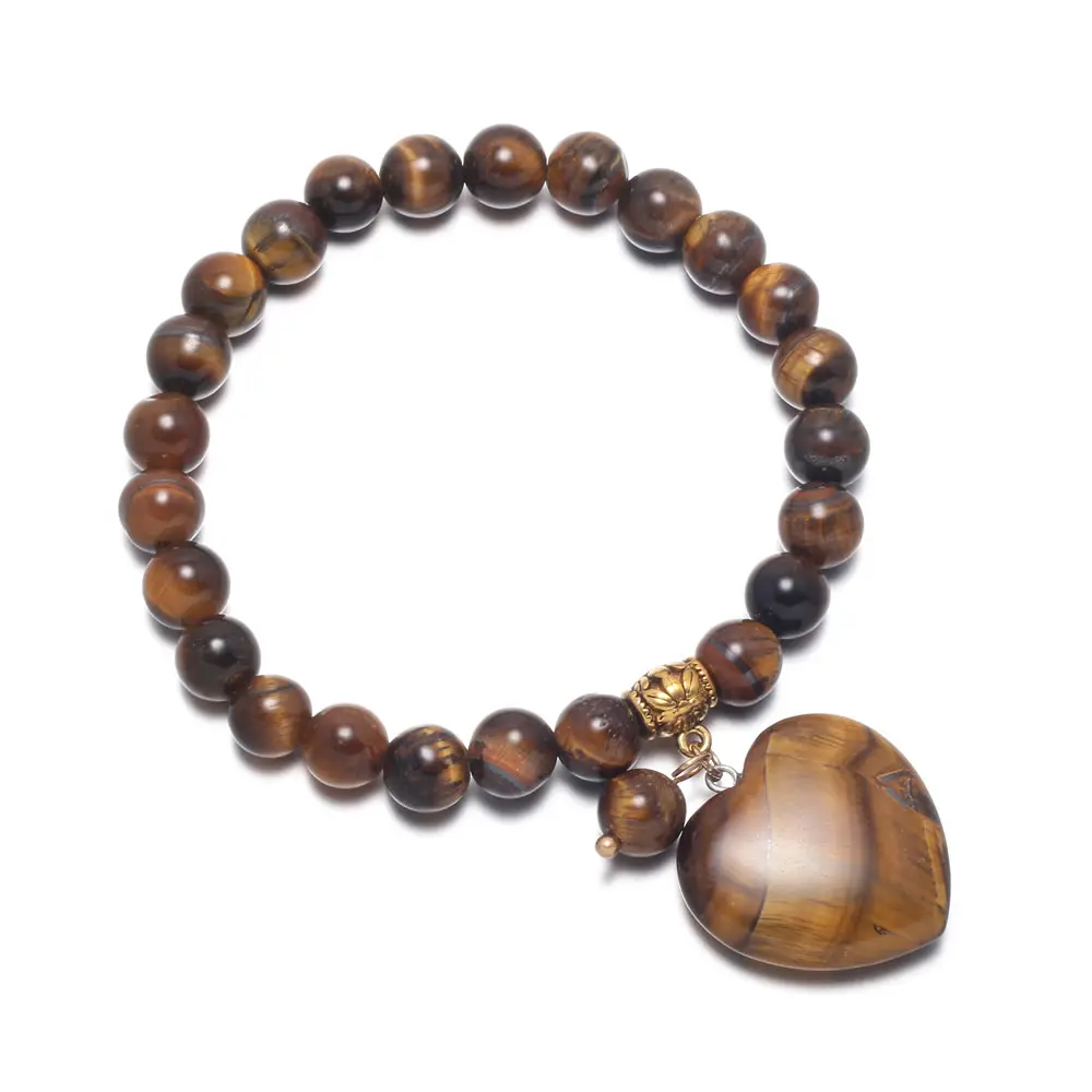 

8mm Natural Stone Tiger Eye Stone Beads with Heart Shape Pendant Bracelet Fashion Bangle For Women Jewelry Gifts