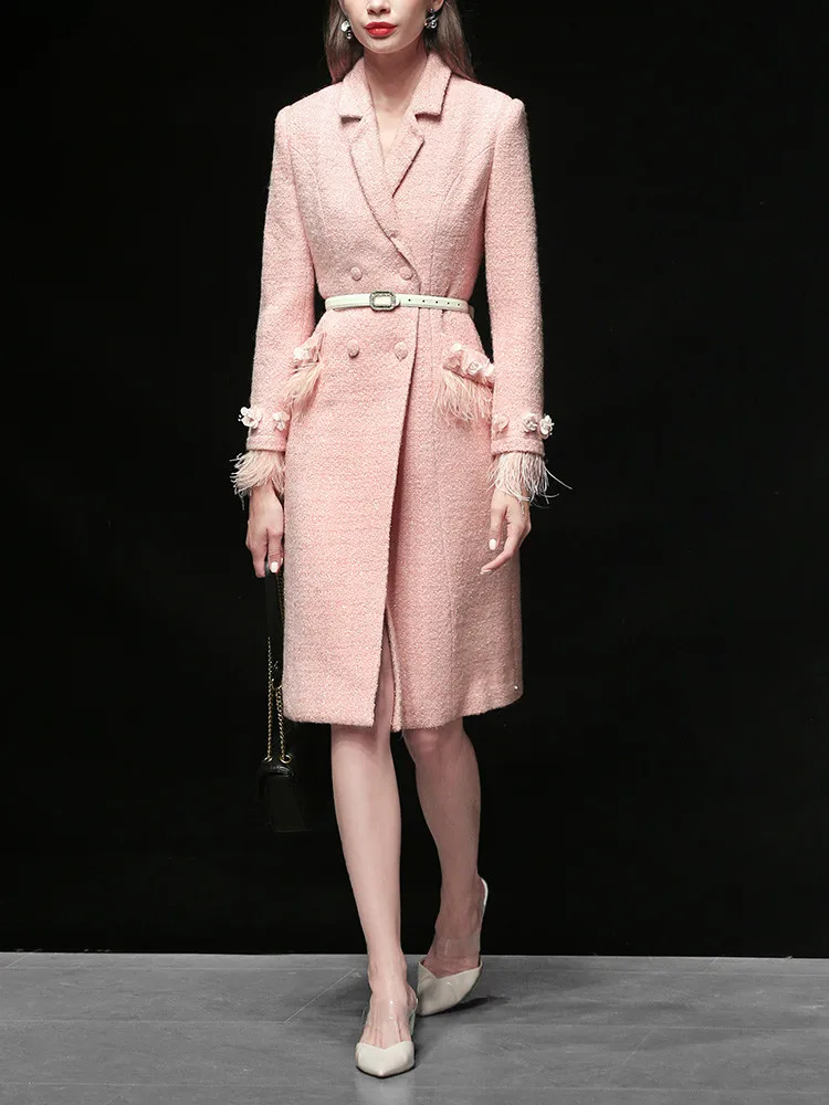 Elegant Feathers Double-breasted Winter Coat Women Runway Designer Thick Warm Pink Wool Coat Jacket High Quality Outwear