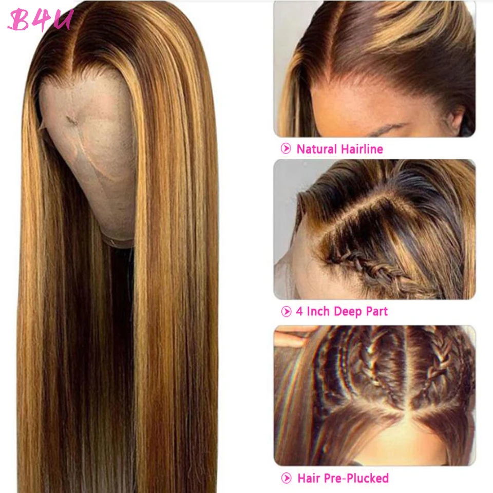 B4U Highlight Wig Human Hair Honey Blonde Transparent Lace Wigs Remy T Part Brazilian Bone Straight Front | Шиньоны и парики