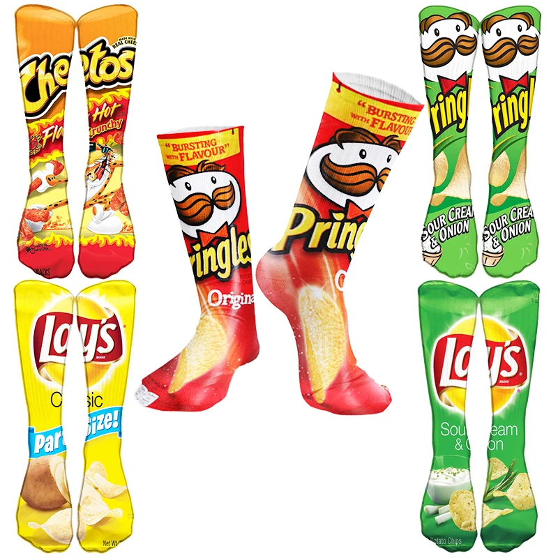 

3D Printing Food Socks Trend Harajuku Men Women Funny Face Art Potato Chips Cotton Casual Street Crazy Happy High Tube Fun Socks