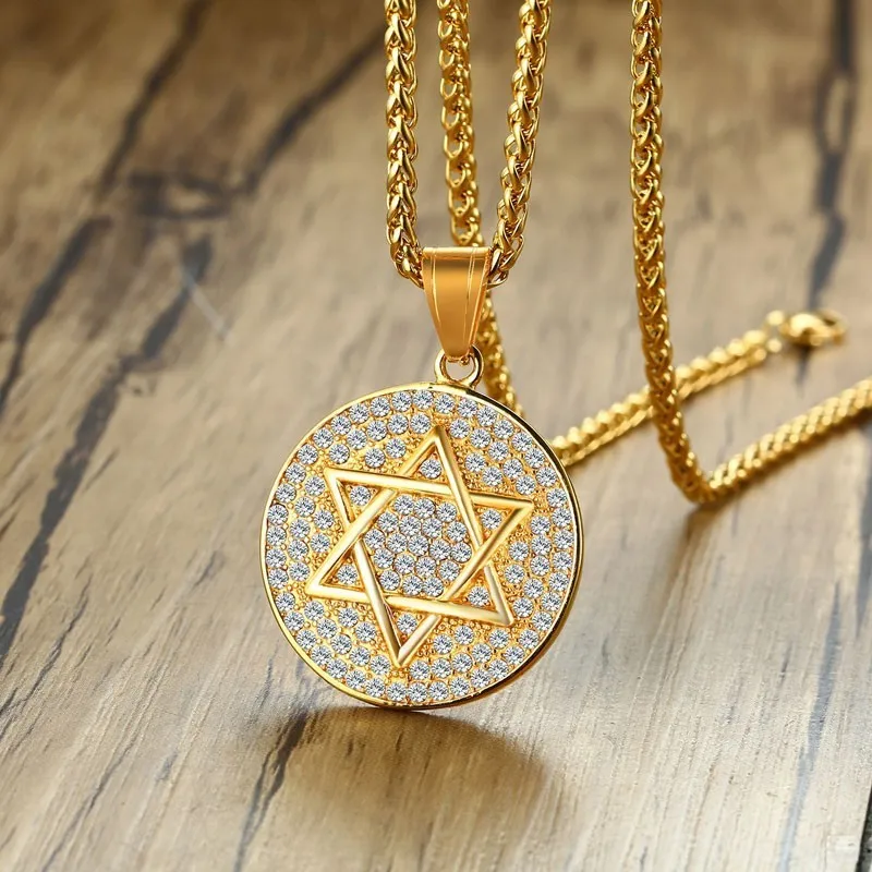 

Vnox Mens Star of David Necklace Shiny CZ Stone Round Pendant Statement Male Collar Free Chain 24"
