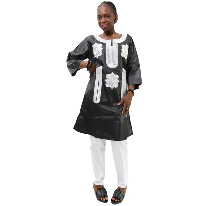 

MD Embroidery Dashiki Clothes Plus Size Women African Trousers Set Long Sleeve Tops Pants Suit Soft Material Black White Costume