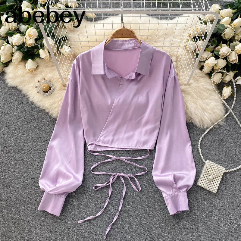 

Женская атласная блузка с отложным воротником, однотонная привлекательная облегающая короткая блузка с длинным рукавом, модель 2021 в Корейс...