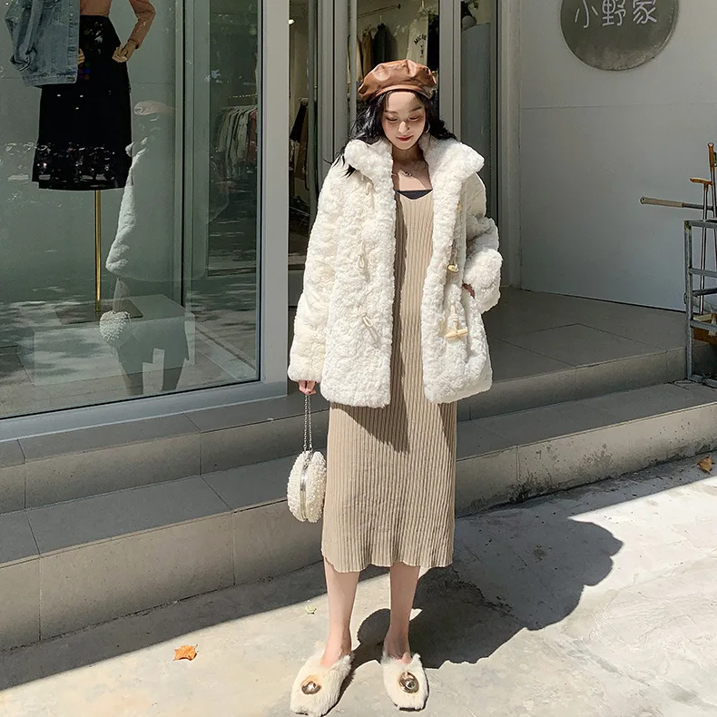 Пальто женское зимнее из овечьей шерсти свободное толстое теплое средней длины