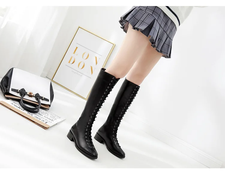 Botas Mujer; сапоги до колена с перекрестной шнуровкой; женские рыцарские сапоги martin; botines; обувь в стиле ретро на шнуровке, на массивном каблуке; зимняя кожаная обувь